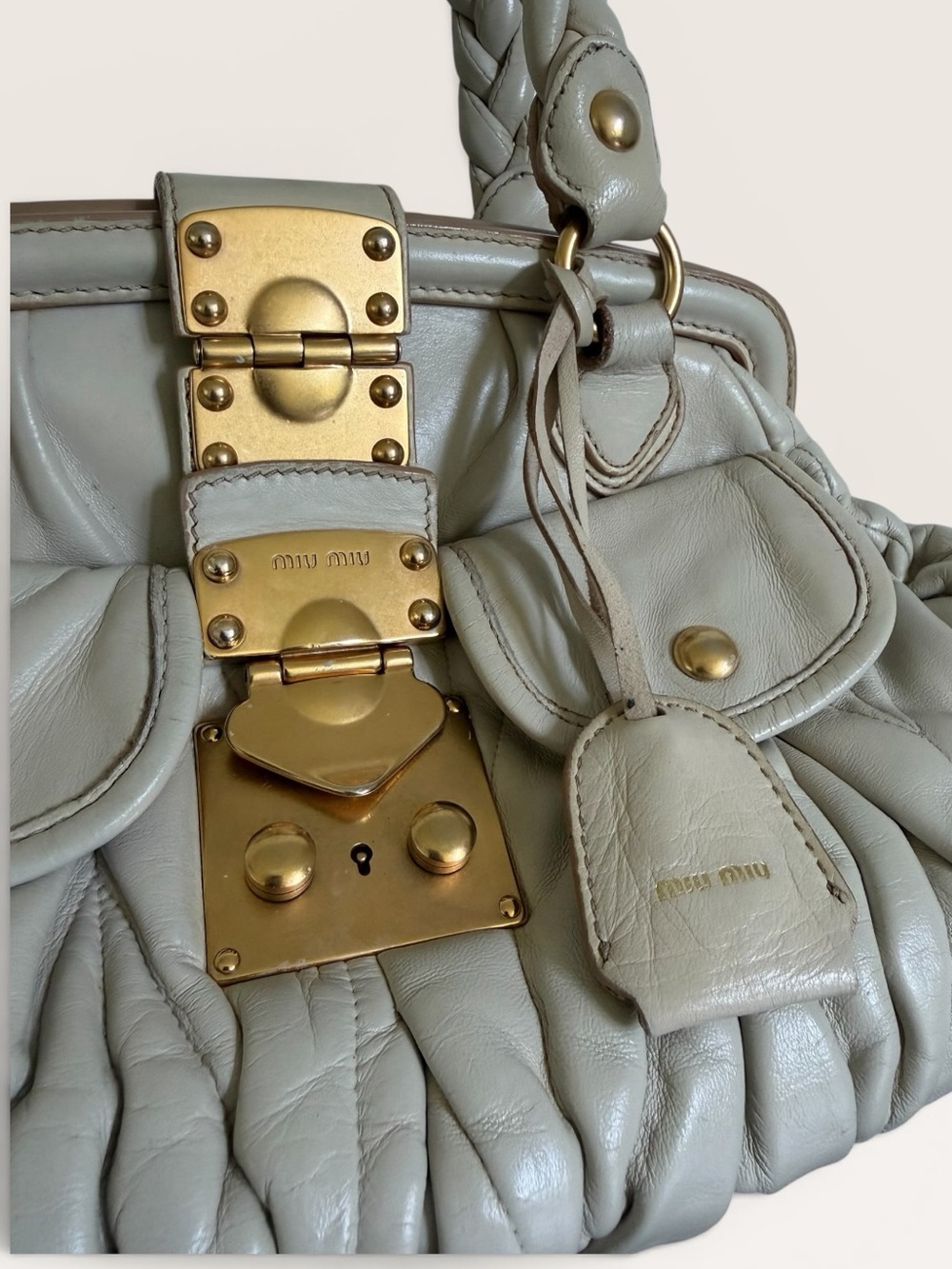 Vintage Miu Miu Ivory Matelassé Leather Satchel Bag Gold Hardware - Picture 8 of 11